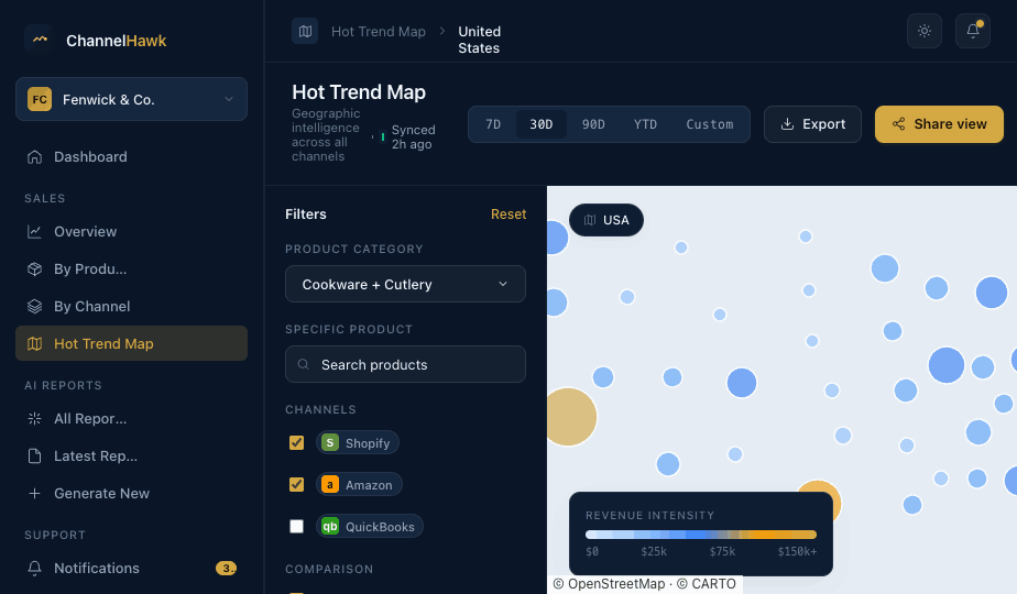 Continuous monitoring view with alert thresholds and geographic performance