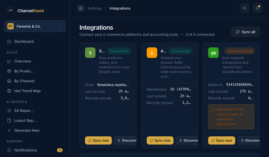 Connected accounts list inside ChannelHawk, showing sync status per platform